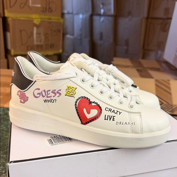 Guess Shoes - Guess White Sneakers with Red Heart and Black Heel Accents